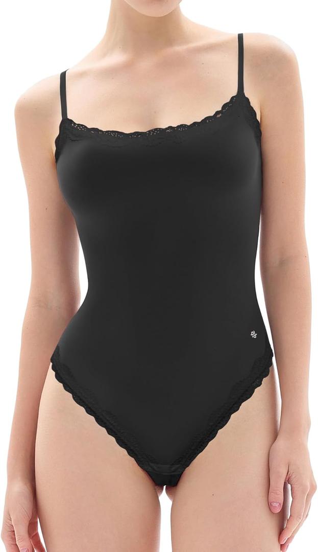 Popilush Lace Body Suits Women - Spaghetti Strap Tank Top Square Neck Camisole Cute Going Out Tops Bodysuit Concert Outfits (X-Large, Black)