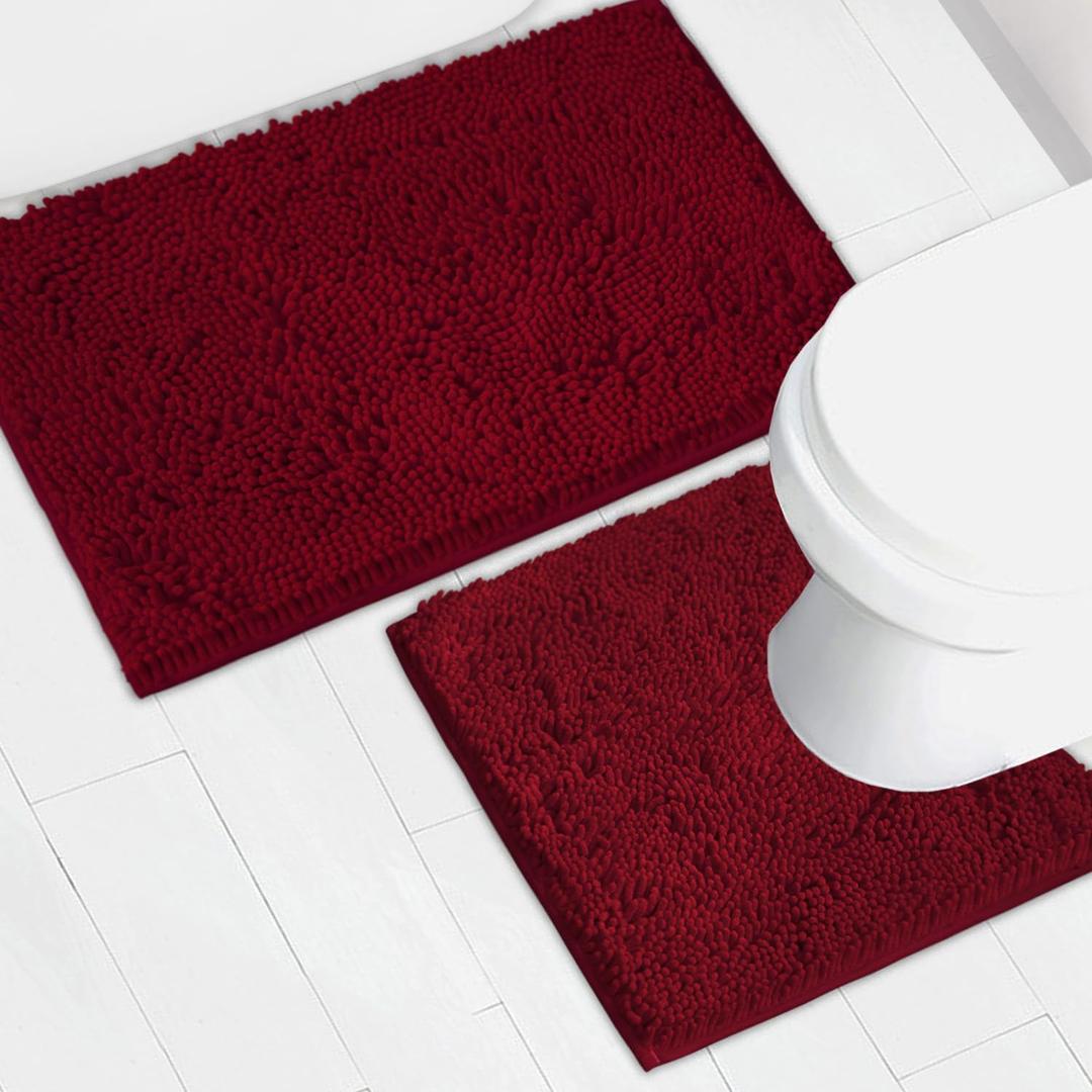 Bathroom Rugs Chenille Bath mat 2 Piece Set, Super Absorbent, Strong PVC Non Slip Backing, Bath mats for Bathroom, Plush Shaggy, Thick, Machine Washable, Bathtub, Toilet.(Burgundy)