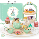 Wooden Tea Party Set for Little Girls, Toddler Pretend Play Food Kitchen Toys, Wooden Tea Set Tray Cake Dessert, Toddler Birthday for Girls Age 25 Years Old