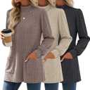 3 Pack Women's Long Sleeve Mock Neck Sweaters, Ribbed Knit Long Tops Turtleneck Loose Fit Tunic Shirt with Pockets (Large, Coffee, Apricot, Charcoal Gray)