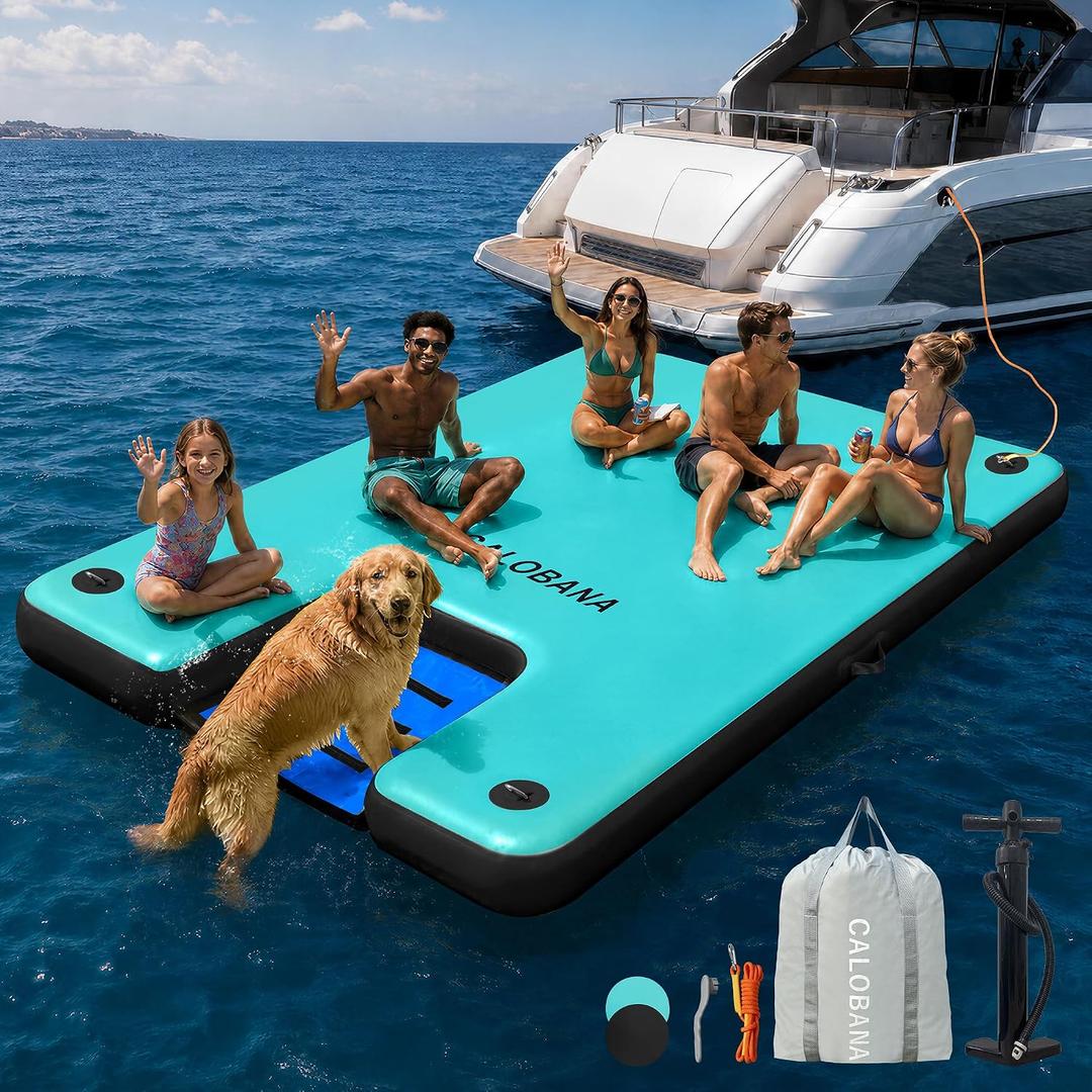 CALOBANA 12ft×6ft Inflatable Floating Dock with Dog Ramp, Float Island with Boat Ramp for Adults & Pets, Heavy Duty Lake Dog Raft Dock Platform with Ladder for Sea or River, Party, Mint Green+Black