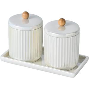 Ceramic Bathroom Canister Set with Coordinating Small Vanity Tray Qtip Holder Dispenser for Cotton Ball,Swab,Pads, Floss, Bathroom Storage Jars with Lids Pearl White