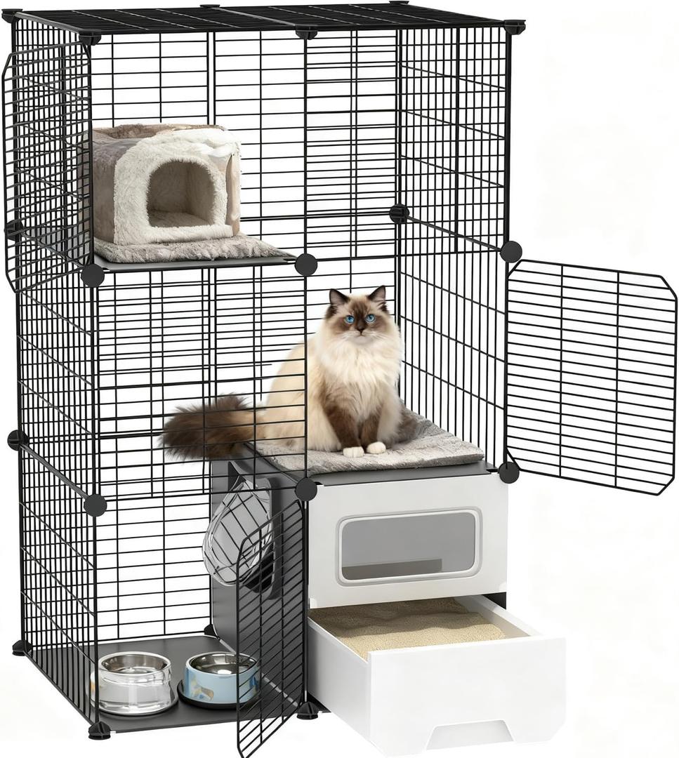 Cat Cage Indoor with Litter Box 3-Tier DIY Cat Crate Detachable Metal Wire Kennel Crate Large Exercise Place Ideal for Kitten