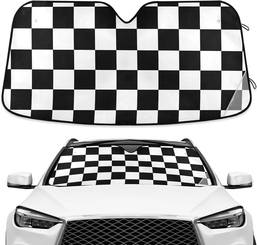 Black White Checkered Windshield Sunshade Car Sun Shade Blocks UV Rays Visor Protector Accordion Folding Sun Reflector Auto Sunshade for Truck SUV