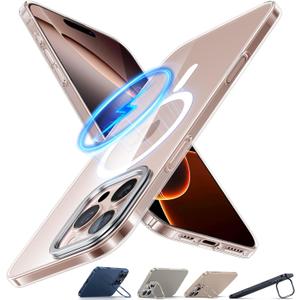 TORRAS Magnetic Slim Fit for iPhone 16 Pro Max Case with Stand, Compatible with MagSafe, Built-in Stash Stand, Ultra Thin 16 ProMax Case, Lightweight Non Yellowing Hard Back 16 Phone Case 6.9'', Clear (5-Diamond Clear)