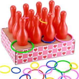 45 Pcs Valentine Bottle Toss Game Bowling Set Galentines Day Ring Toss Games Pink Red Hearts Box 12 Plastic Bowling Pins 32 Throw Rings for Holiday Party Backyard Outdoor Activity Carnival Game