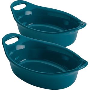 Rachael Ray Solid Glaze Ceramics Au Gratin Bakeware / Baker Set, Oval - 2 Piece, Teal