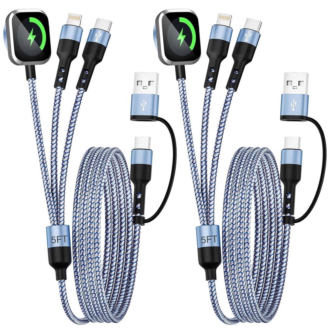 3 in 2 Multi Charging Cable for iWatch Charger/iPhone Charger/CarPlay Cable, Travel Vacation Essentials, (2Pack 5FT) USB C/L/iWatch Charging Cords for iWatch 11-1/iPhone 17-12, Android Car, Blue