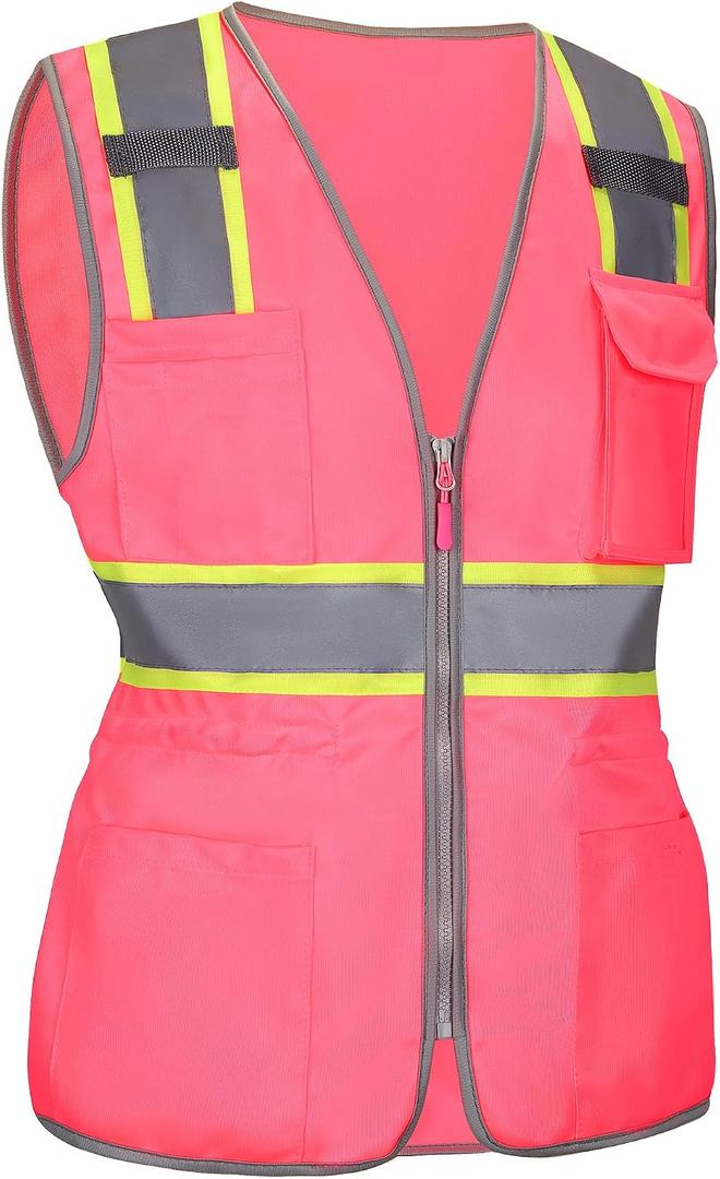 Pink Reflective Safety Vest for Women with Pockets, High Visibility Construction Work Vest for Lady Workers/Drivers, ANSI Type R Class2, XS