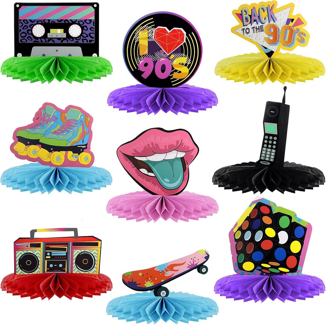 Gersoniel 9 Pieces 90s Theme Party Decorations Honeycomb Centerpieces Retro Table Decor Vintage Hip Hop Supplies 1990s Party Favors Photo Booth Props