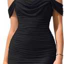 KUTUMAI Women Sexy Off Shoulder Mini Dress Corset Bodycon Ruched Short Cocktail Party Club Dresses (XS, Black)