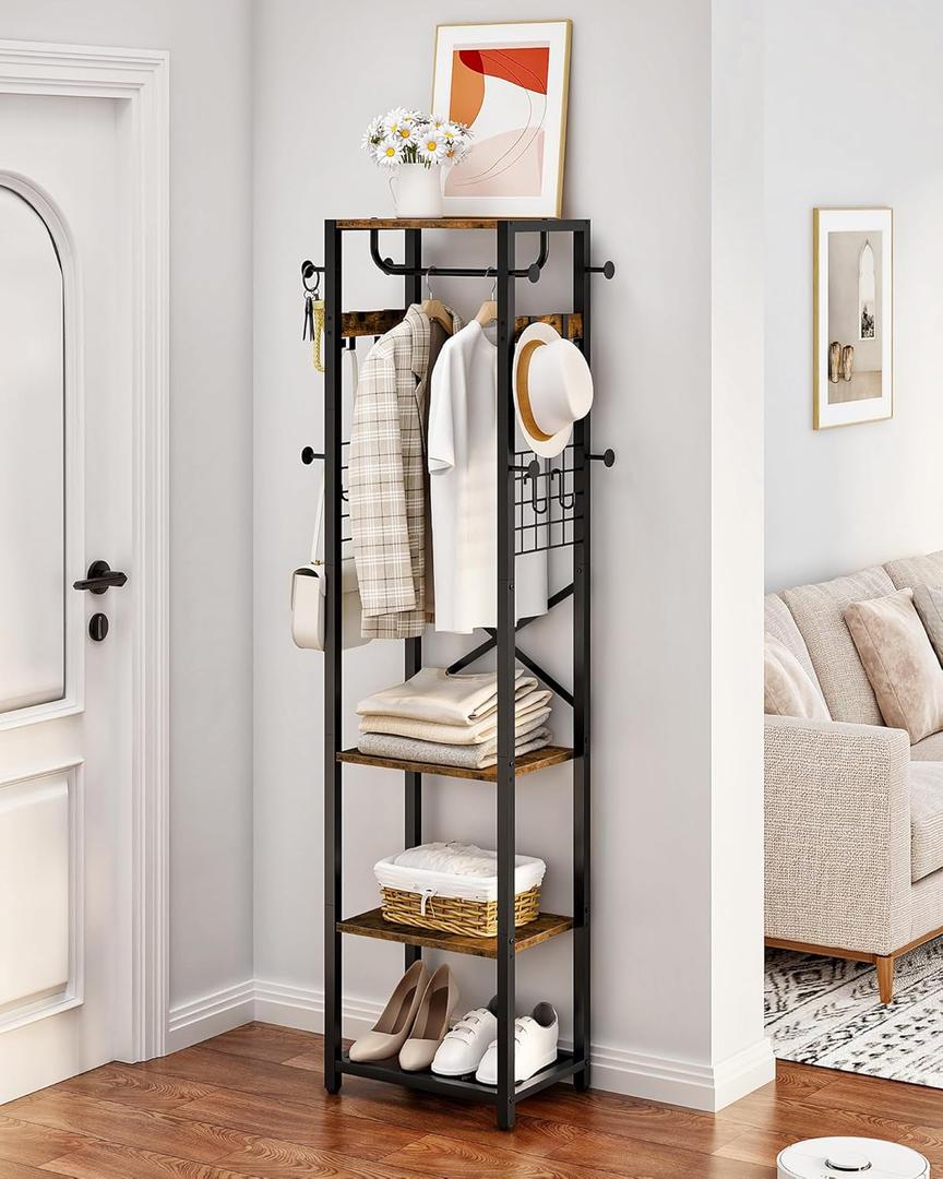 Coat Rack with Shelves, Freestanding Hall Tree, Coat Tree with 16 Hooks and Hanging Rail, Industrial Clothes Stand for Entryway, Hallway, Bedroom, Rustic Brown and Black TYM18BF
