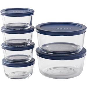 Anchor Hocking 12 Piece Glass Storage Containers with Lids (6 Glass Food Storage Containers & 6 Navy Blue SnugFit Lids)