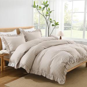Andency Gingham Duvet Cover King, Tan Brown Ruffle Farmhouse Shabby Chic Duvet Cover, 3 Pieces Soft Pre-Washed Polyester Duvet Cover Set with Zipper Closure & Corner Ties, 104x90Inch