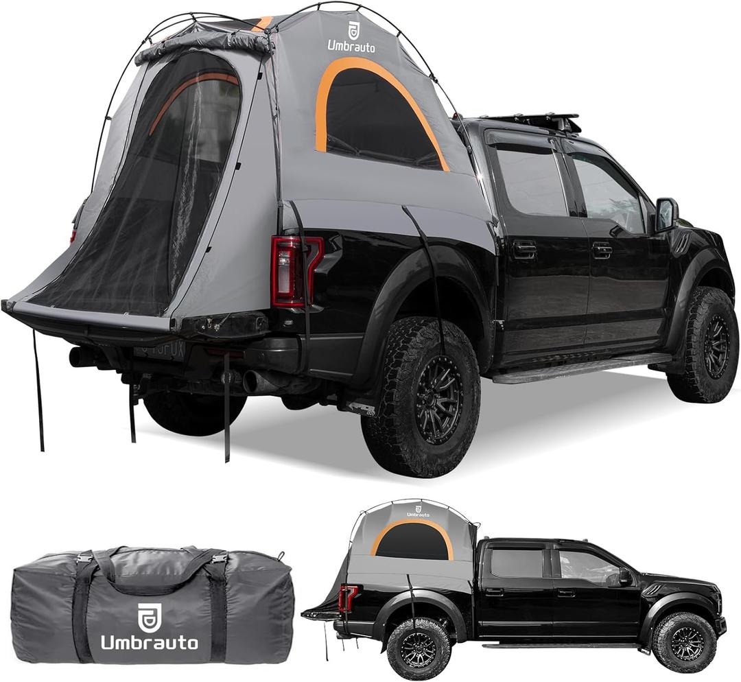 Umbrauto Truck Bed Tent: 5.5-5.8ft Truck Tent Easy Setup for Camping, 3000mm Waterproof Pickup Truck Tent for 2 Person with Double Layer Windows Grey & Orange