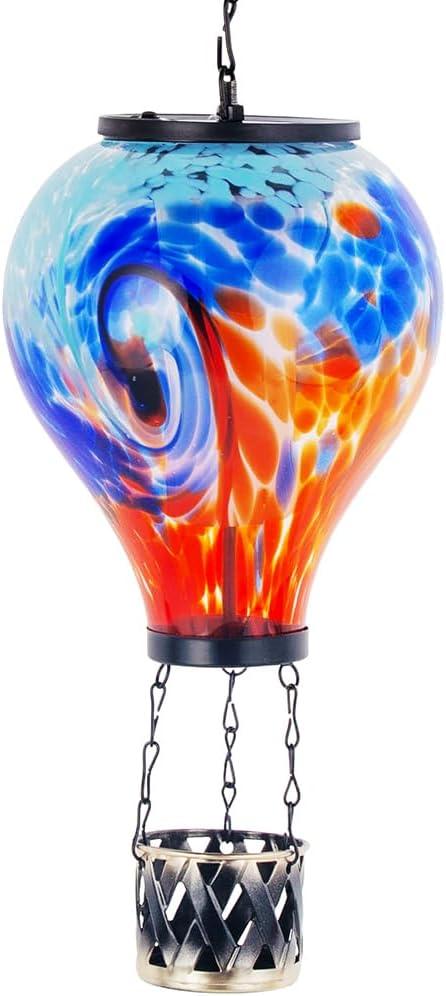 Starsoul Unique Hot Air Balloon Solar Lantern Glass Outdoor Hot Air Balloon Solar Flickering Flame Light Waterproof Hanging Lantern with Big Basket for Garden Yard Patio Decor (Tie-Dye-A)