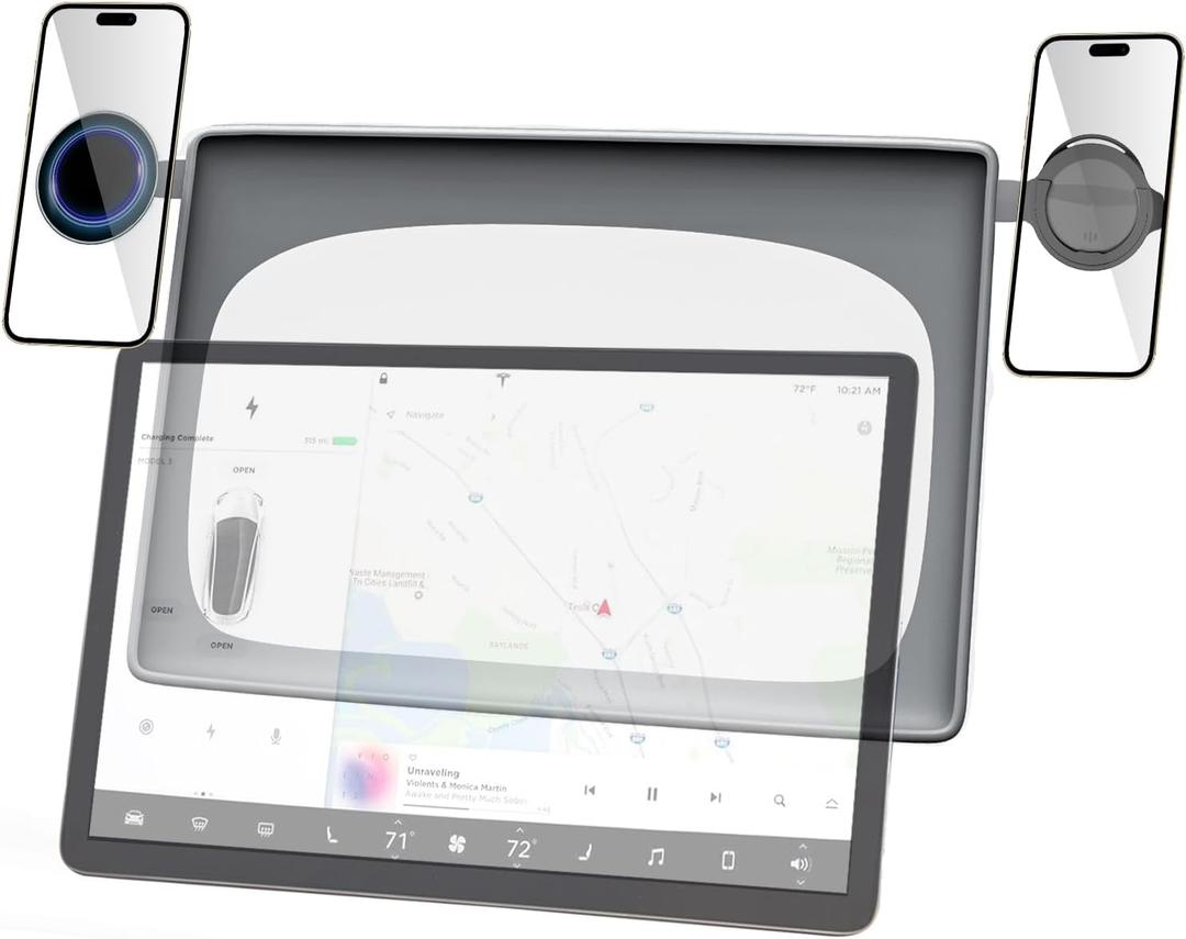 Tesla Display Phone Mount and Screen Protector TPU Frame Magnetic Stand and Socket Car Mount for Tesla Model 3 (2023-2017) Model Y (2024-2020) Phone Holder (3 in 1 Magnetic Stand+Socket Stand+Frame)