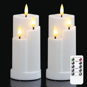 2pcs Flameless 3 Wicks LED Plastic White Candles with Remote Control, 3 Inches x6 Inches Battery Operated Flickering Warm Light Cycle Timer Pillar for Home Party Festival Decoration