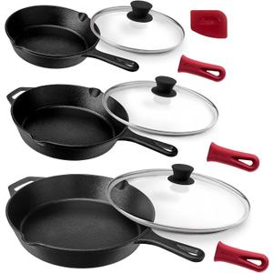 Cuisinel Cast Iron Skillets Set + Glass Lids - 8"+10"+12"-Inch Frying Pans + Silicone Handle Holder Covers - Pre-Seasoned Oven Safe Cookware - Indoor/Outdoor Use - Grill, Stovetop, Camping Fire Safe