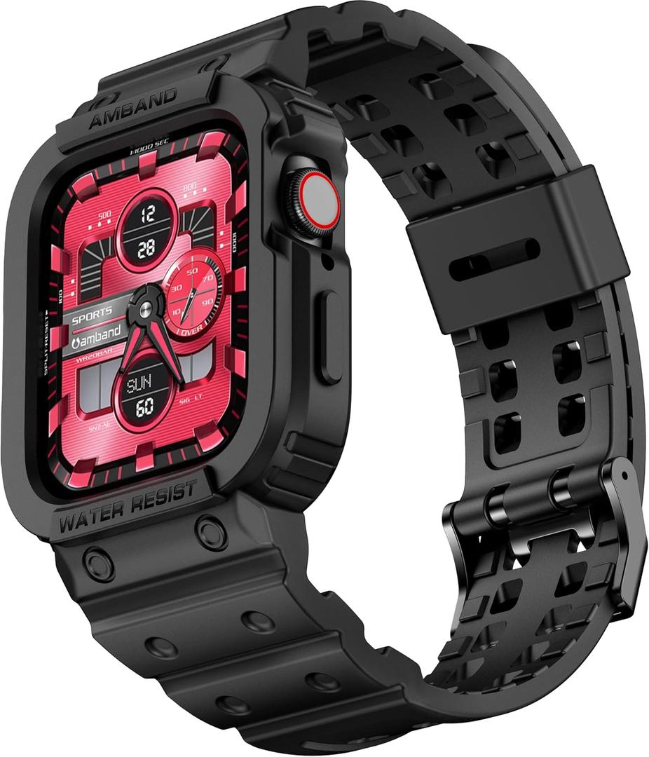 amBand Compatible with Apple Watch Series 9/ 8/ 7/ SE (3/ 2/ 1)/ 6/ 5/ 4/ 3 Band for Men 45mm 44mm 42mm Case, Rugged Sport Strap for iWatch 45/ 44 mm Military Protective Cover Bumper Drop-Proof, Matte Black
