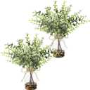 2 Pack Artificial Eucalyptus Stems in Glass Vases, 11" Fake Plants with Faux Water Stones, Small Faux Plants for Kitchen Bathroom Shelf Coffee Table Decor (LightGreen)