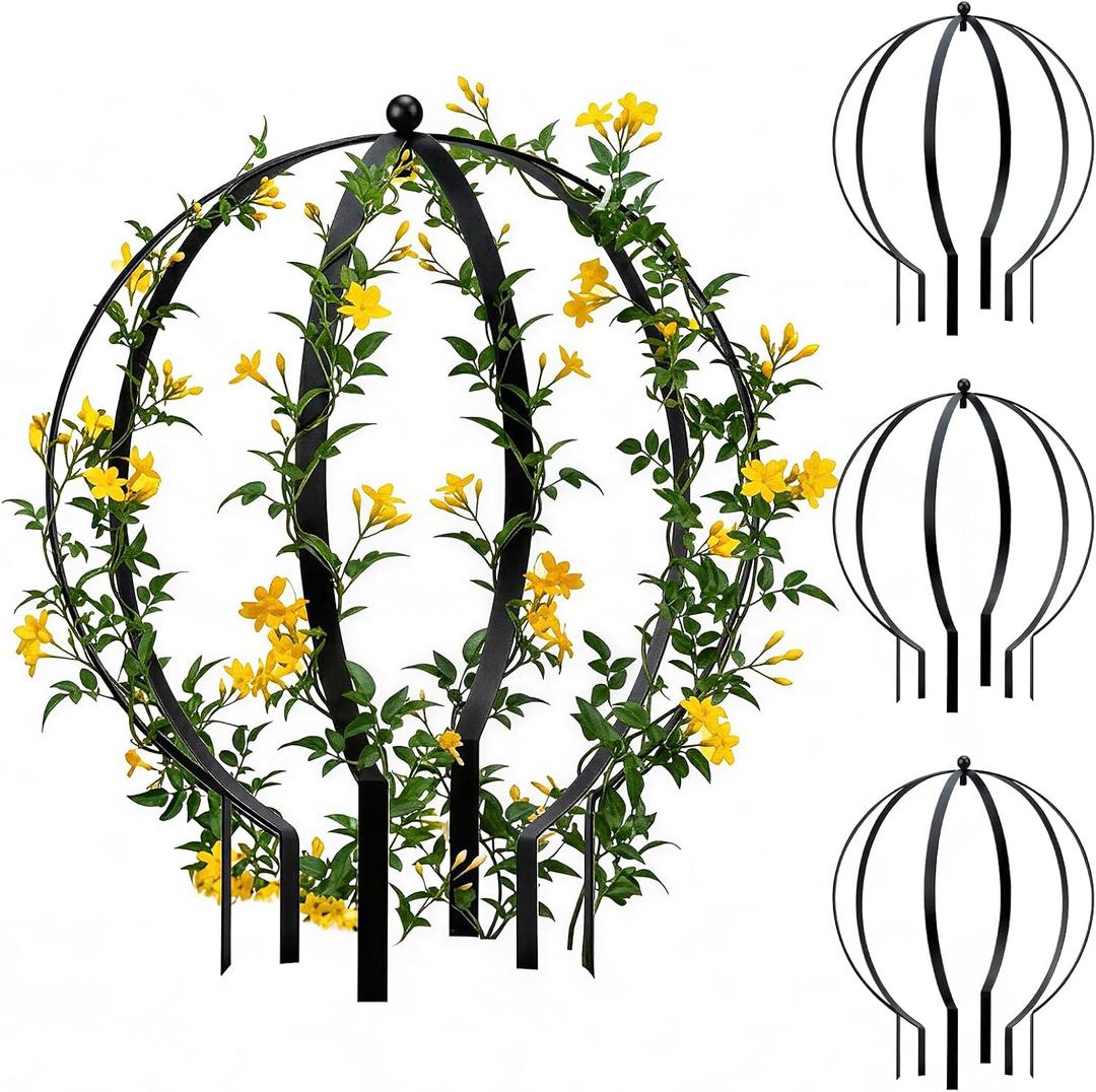 2 PCS Metal Garden Round Trellis for Climbing Plants, Large Black Powder Coated Obelisk for Roses, Vines, Flowers, Patio Doorway Garden Decor Indoor Outdoor, Easy Assembly (25.2" x 21.3")