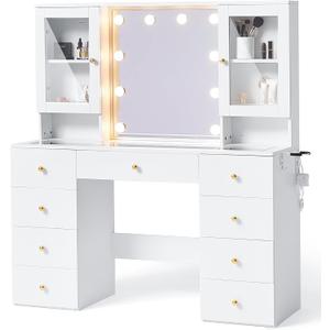 LINSY HOME Glass Top Vanity White Makeup Vanity with Mirror and Lights, 47" Make Up Vanitys Desk with Storage, 9 Drawers, 2 Cabinets and Outlet, Big Vanity Table for Bedroom, Women, Girls
