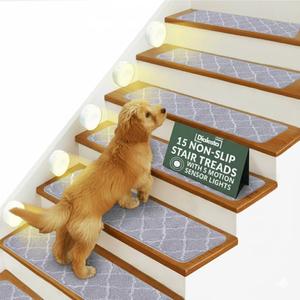 Stair Treads for Wooden Steps Indoor, Includes 15 Non-Slip Carpet Mat 8x30in with 5 Motion Sensor Lamps, Peel & Stick Carpet Stair Treads,Safety Stair Rugs for Kids, Elderly and Pets (Smoke Gray)