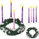 Kathfly 5 Pcs Christmas Advent Wreath with 4 Flameless Candles Holder with Hope Peace Love Joy Candle Christmas Centerpiece Decorations Pine Cones Bowknot for Xmas Advent Holiday Party(Silver)
