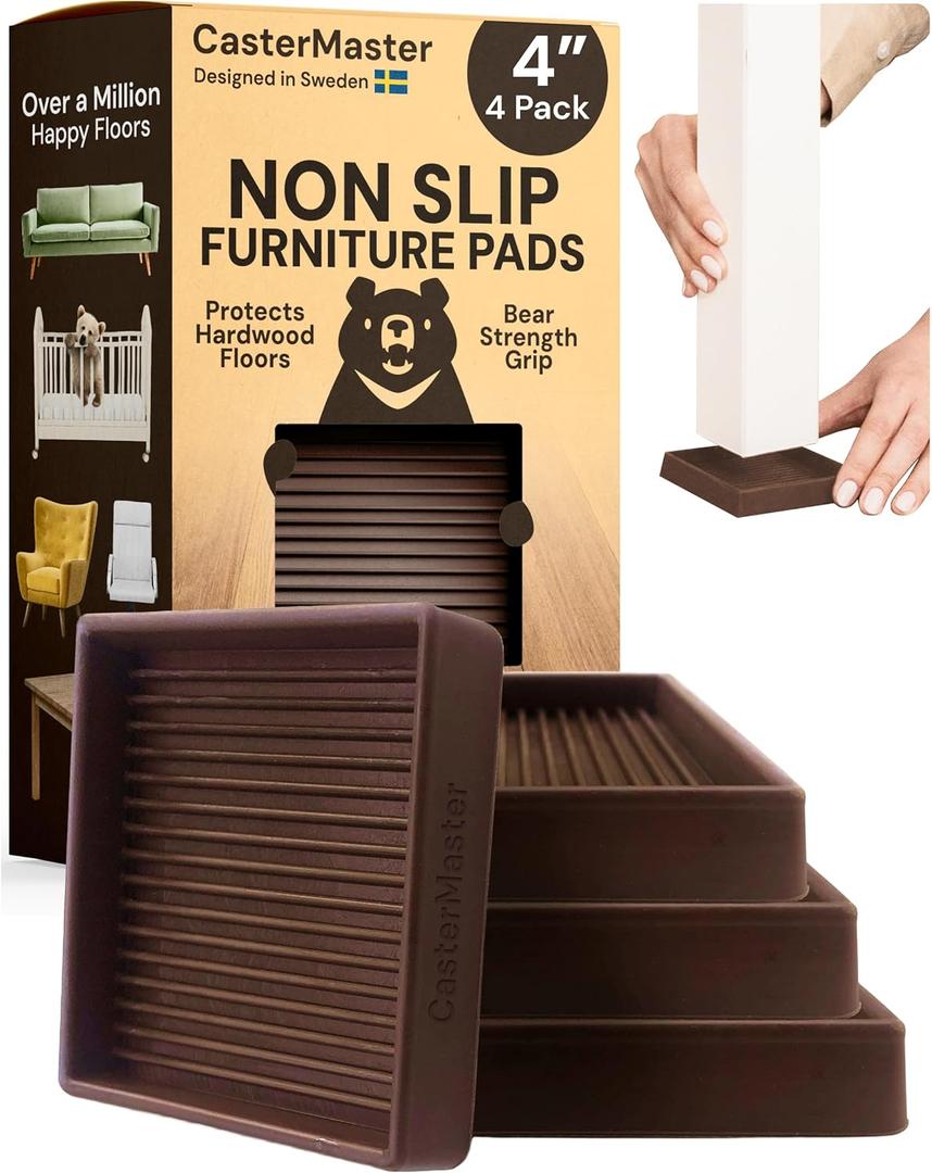 CasterMaster Non-Slip Furniture Pads Square Rubber Anti-Skid Caster Cups, Anti-Sliding Floor Protectors for Furniture (Brown, 4'' x 4'' (Pack of 4)
