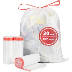 20 Gallon Trash Bags Fit 20-21 Gal, Extra Strong Large Garbage Bags w/Drawstring (102 Count) Heavy Duty Plastic Trash Liners for Kitchen Commercial Office Lawn, Clear