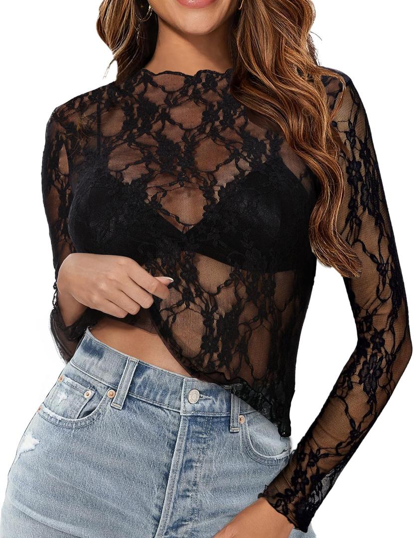 Women's Lace Mesh Top Long Sleeve Mock Neck Undershirt Sheer Blouse See Through Undershirt Party Layering Tops Black (S)