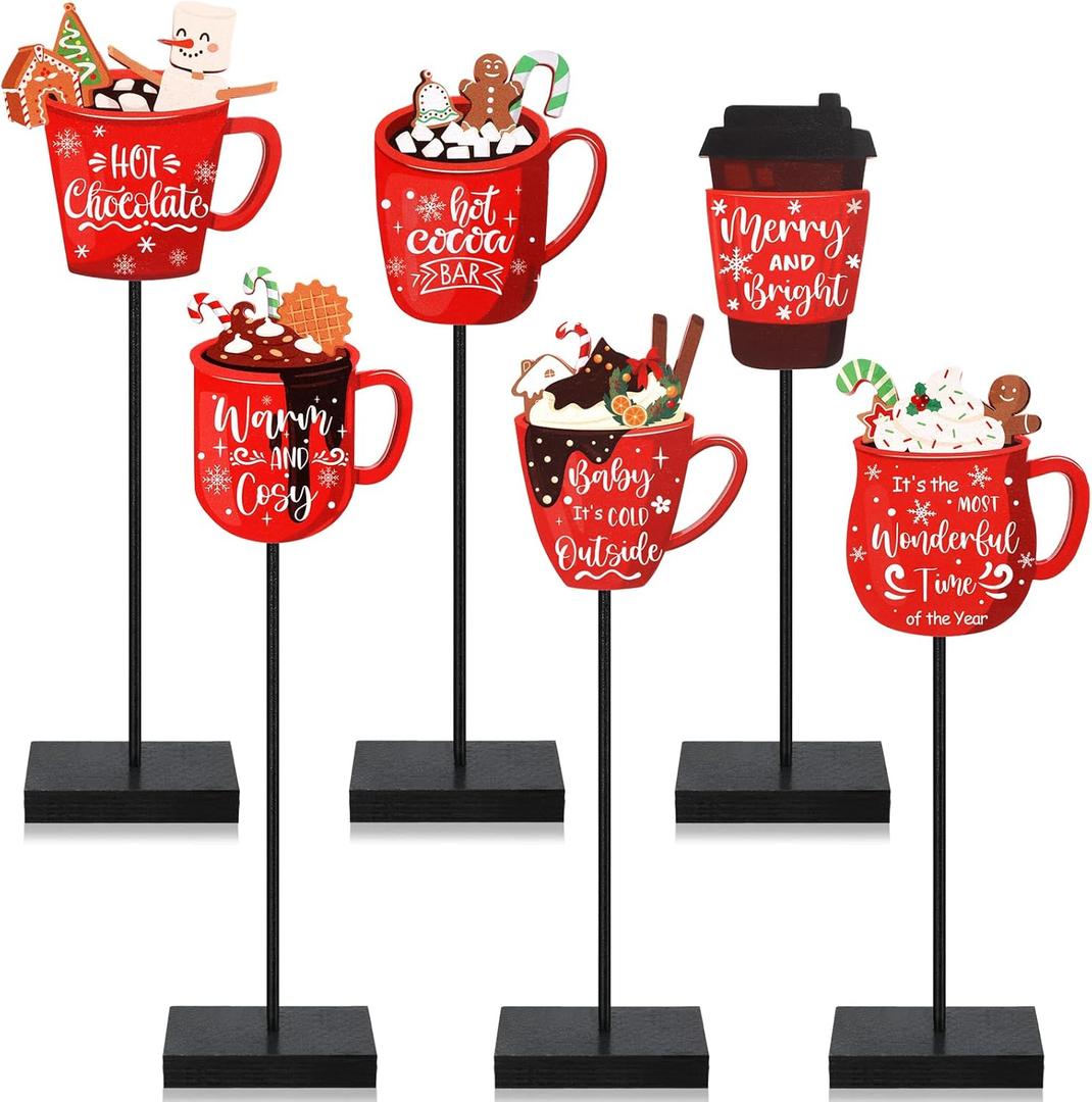 6Pcs Christmas Hot Cocoa Car Sign Wooden Tabletop Decor Hot Chocolate Coffee Bar Supplies Xmas Wooden Tables Centerpiece Sign for Christmas Tiered Tray Winter Holiday Home Party Decorations