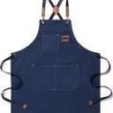 Tosewever Canvas Cross Back Chef Cotton Aprons for Men Women with Large Pockets (Blue)