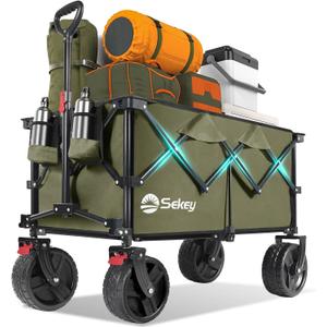 Sekey 220L Wagons Carts Foldable with Big All-Terrian Beach Wheels, Collapsible Heavy DutyWagon with Cup Holders, Extra Large Folding Wagon,Foldable Wagon for Camping, Garden, Sports. Khaki