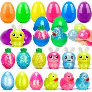 12 Pack Prefilled Easter Eggs with Squeeze Ball Toys, Surprise Filled Easter Egg Fillers with Stress Ball Inside for Kids Age 3+, Easter Party Favors Gifts and Egg Hunt Supplies for Boys Girls