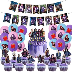 Descendants Birthday Party Supplies, Descendants Party including Xake Caps, Cupcake Caps, Flags, Latex Balloons