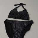 Women's Mid Rise Bikini Suit Halter Neck V Tie Push Up Front Classic Polka Dot Two Swimsuit (Black, M)