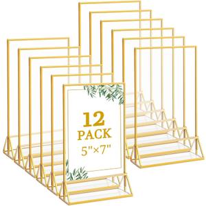 Floroom 12 Pack 5x7 Inch Clear Acrylic Sign Holders, Double-Sided Gold Display Stand Picture Frames for Table Numbers, Menus, Flyers, Weddings, and Offices