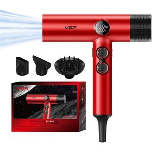 VGR 401 Negative Ionic Hair Dryer, Professional BLDC Motor Blow Dryer for Fast Drying, LED Display Low Noise Thermo and RPM-Control Hairdryer, Travel with Magnetic 1 Diffuser & 2 Nozzle, Red