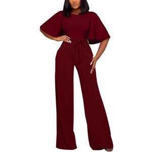 BessCops Womens Loose Short Sleeve Belted Wide Leg Pant Romper Jumpsuit Casual Business One Piece Outfits (Large, 8wine Red)