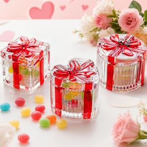 kanpura Red Glass Candy Jar Crystal Candy Dish with Lid Set of 3 Clear Glass Jar for Cookie, Coffee Beans, Snacks, Spices Mother Day Gift for Mom