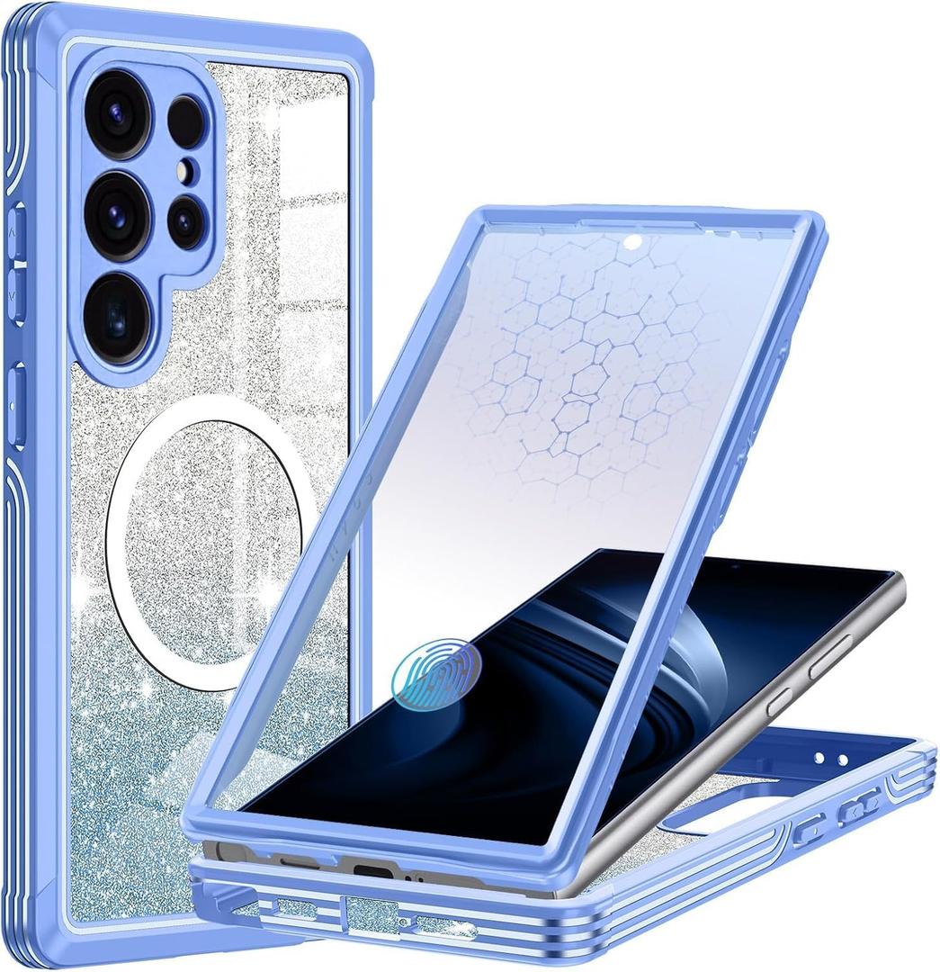 Hekodonk for Galaxy S25 Ultra Case Magnetic,[Compatible with Magsafe][Built-in Tempered Glass Screen Protector][Glitter Card] Full Body Bling Case for Samsung Galaxy S25 Ultra,Blue