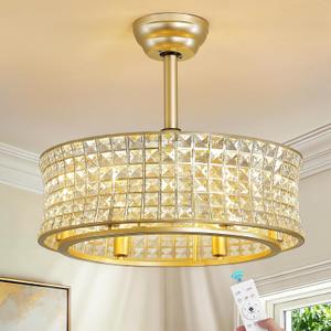 Gold Fandelier Ceiling Fans with Lights, 20 Inch Crystal Caged Ceiling Fan with Light and Remote, Semi Flush Mount Modern Farmhouse Chandelier Fan for Bedroom, Kitchen, Living Room, Small