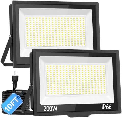 200W LED Flood Light Outdoor with Plug+10ft Wire, 24000Lm Super Brighter Security Light, IP66 Waterproof LED Worklight, 5000K Daylight White Exterior Floodlight for Yard Garden Garage Stadium (Pack of 2) 
