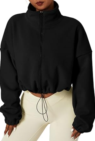 QINSEN Women's Full Zip Fleece Short Jacket Warm Winter Long Sleeve Stand Collar Sherpa Crop Coat, Black, Size  M