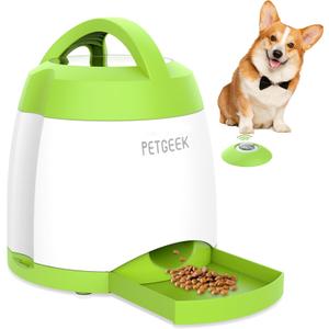 PETGEEK Dog Food Dispenser Toy, Interactive Pet Toys Treat Dispensing for IQ Training, Automatic Dog Treat Dispenser with Button Remote Push, Dual Power Supply for Indoor Outdoor Use, Green Color (Model 1-Install Battery)