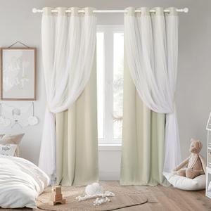 PONY DANCE Double-Layered Curtains - Blackout Curtains 63 Inch Length, Grommet Top Design White Sheer Panels for Bedroom/Living Room (W52xL63, Beige, One Pair, with Free Tie-Backs)