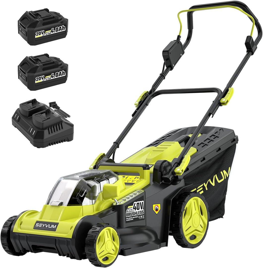 SEYVUM 40V 16" Cordless Lawn Mower with 2×4.0Ah Battery, 45L Collection Bag