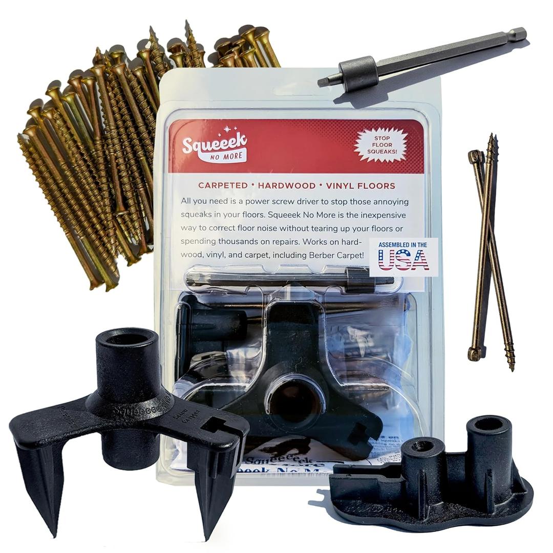 SQUEEEK NO MORE Squeaky Floor Repair Kit for Hardwood, Carpet, Vinyl & Linoleum Complete Floor Squeak Repair Kit Includes Joist Finder Drill Bits, Tripod Fixture and 50 Counter-snap Screws